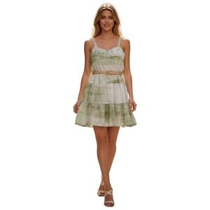 EXPRESS Linen Tie Dye Tiered Mini Sun Dress S Smocked Back Grn White Cottagecore